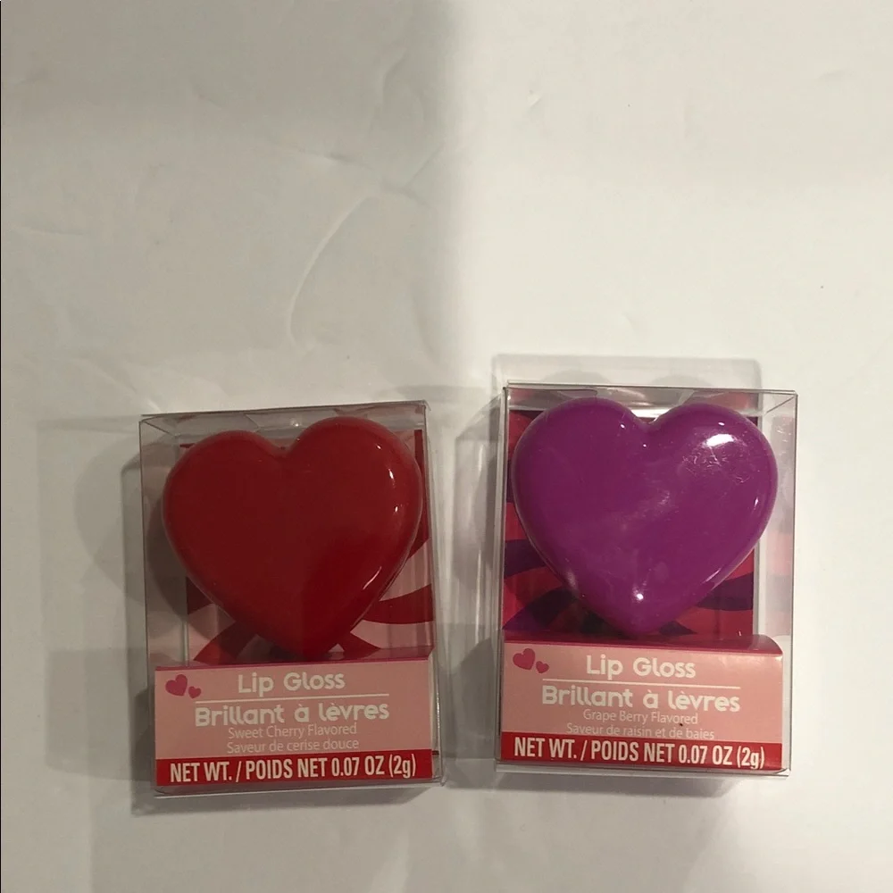 2pack Sweet Cherry and Grape Berry flavored red and purple heart shape lip gloss